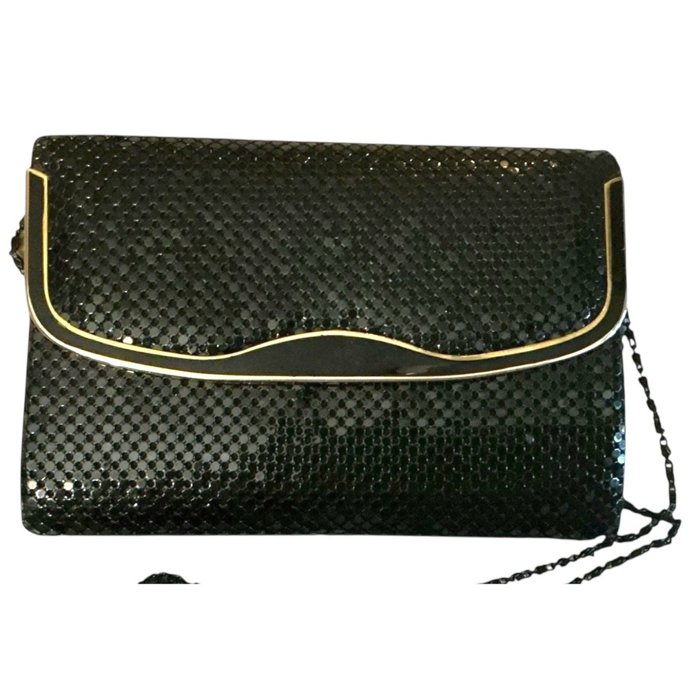 Vintage Metal Mesh Clutch Gold Trim w/ Beade Chain Envelope Style Disco Cocktail